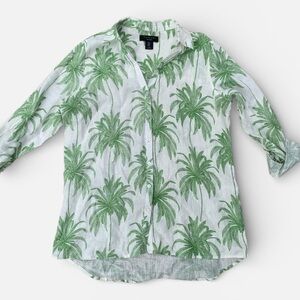 Tahari Linen Green Palm Tree Button Shirt Medium